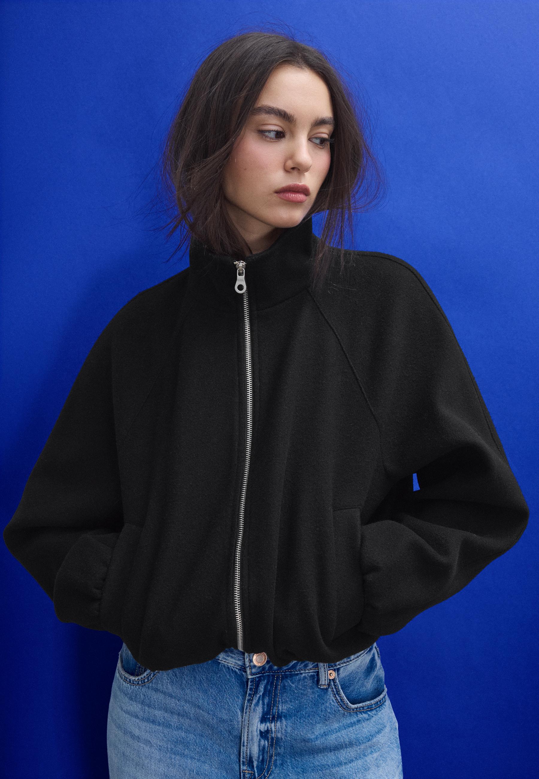 Soft-touch balloon bomber jacket — Black