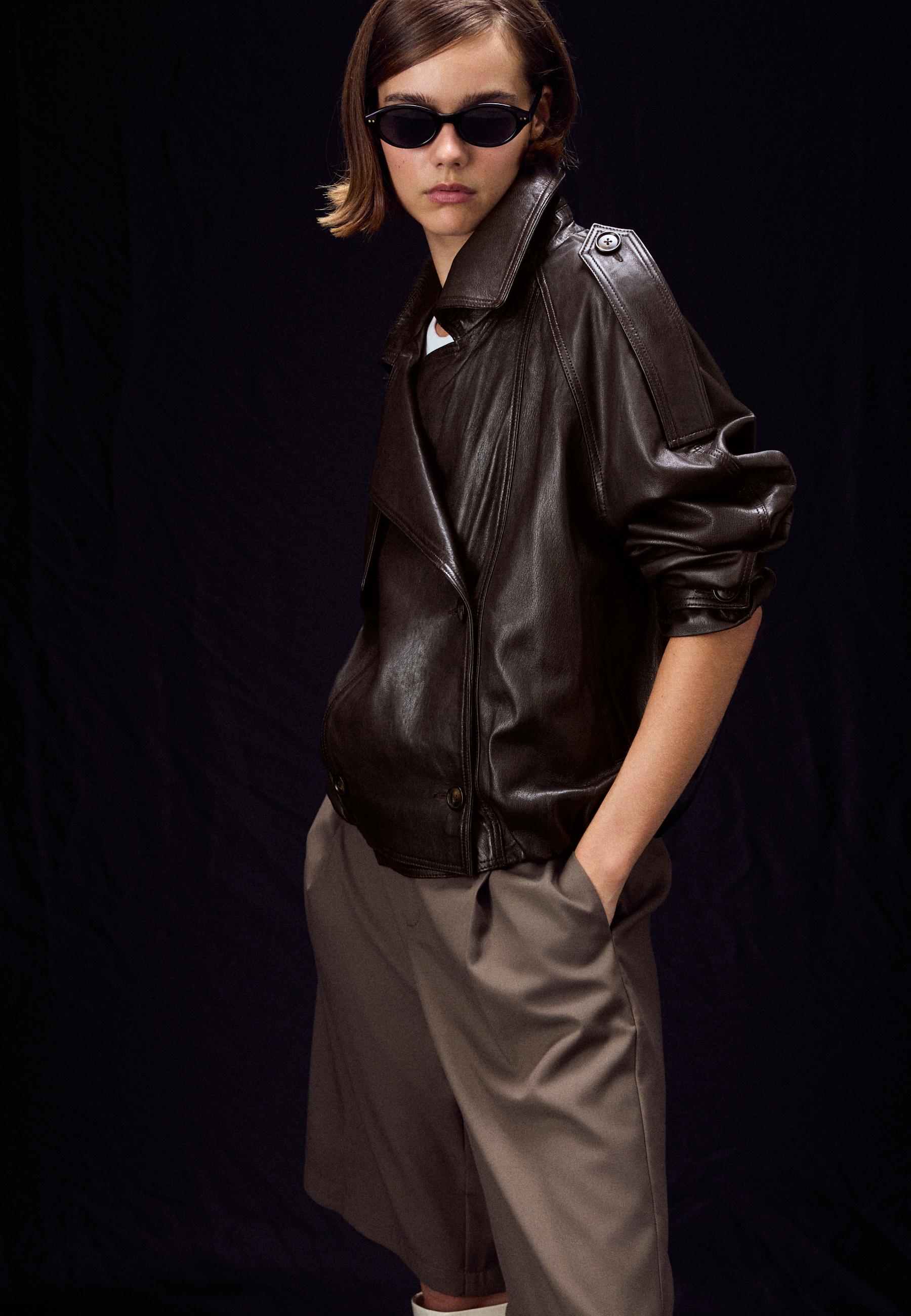 Stradivarius Oversize Trench 100% Δέρμα Καφέ L