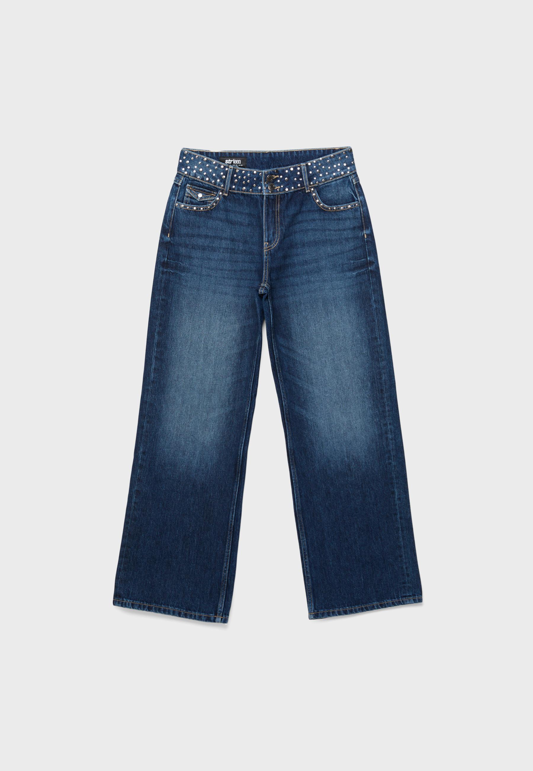 Straight jeans with studded waistband — BLACK DENIM WASHED EFFECT