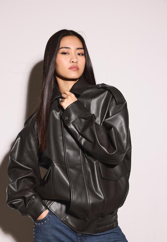 oversized bikerjack met leereffect