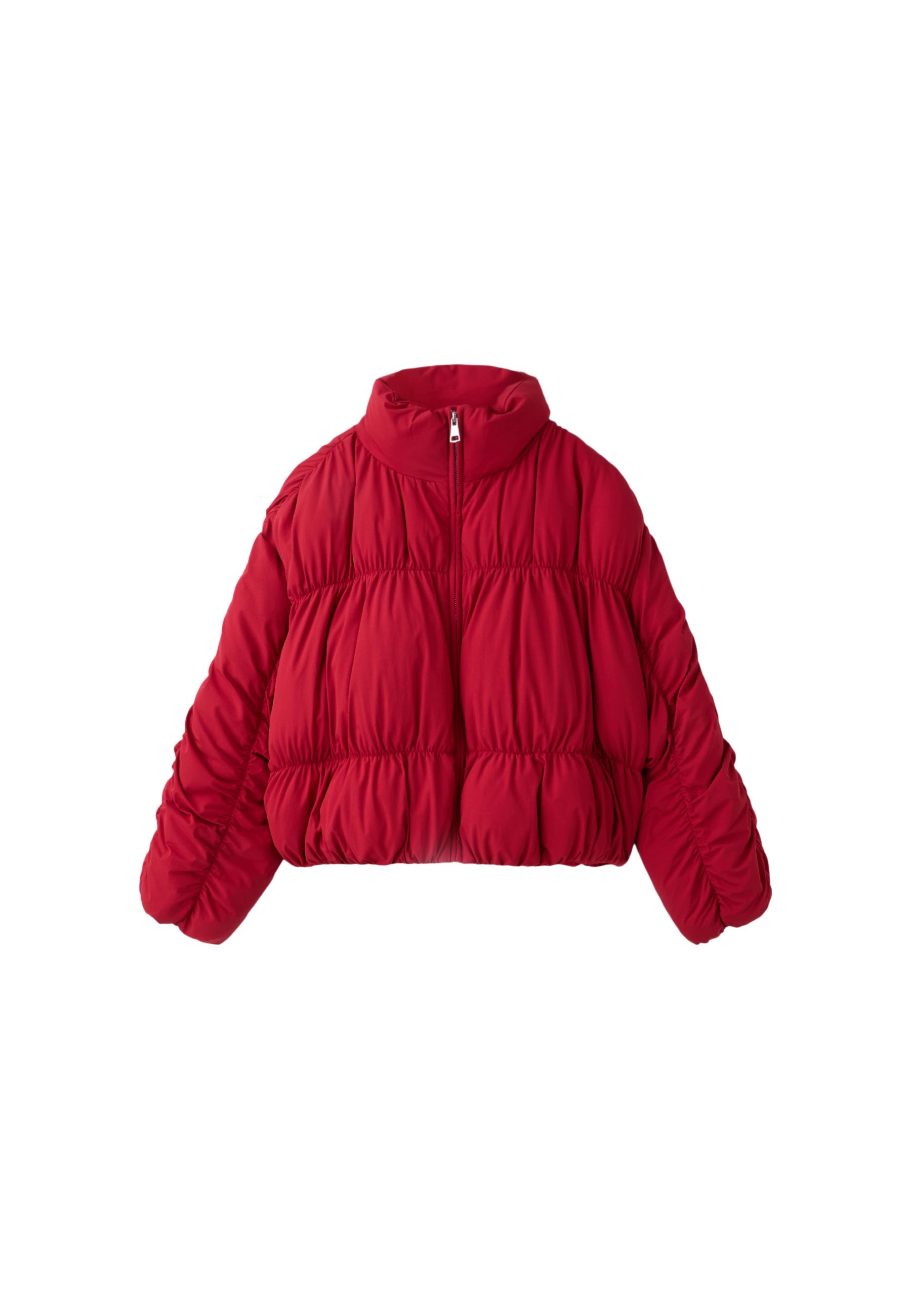 Padded jacket with high neck and gathered detail — Dark red