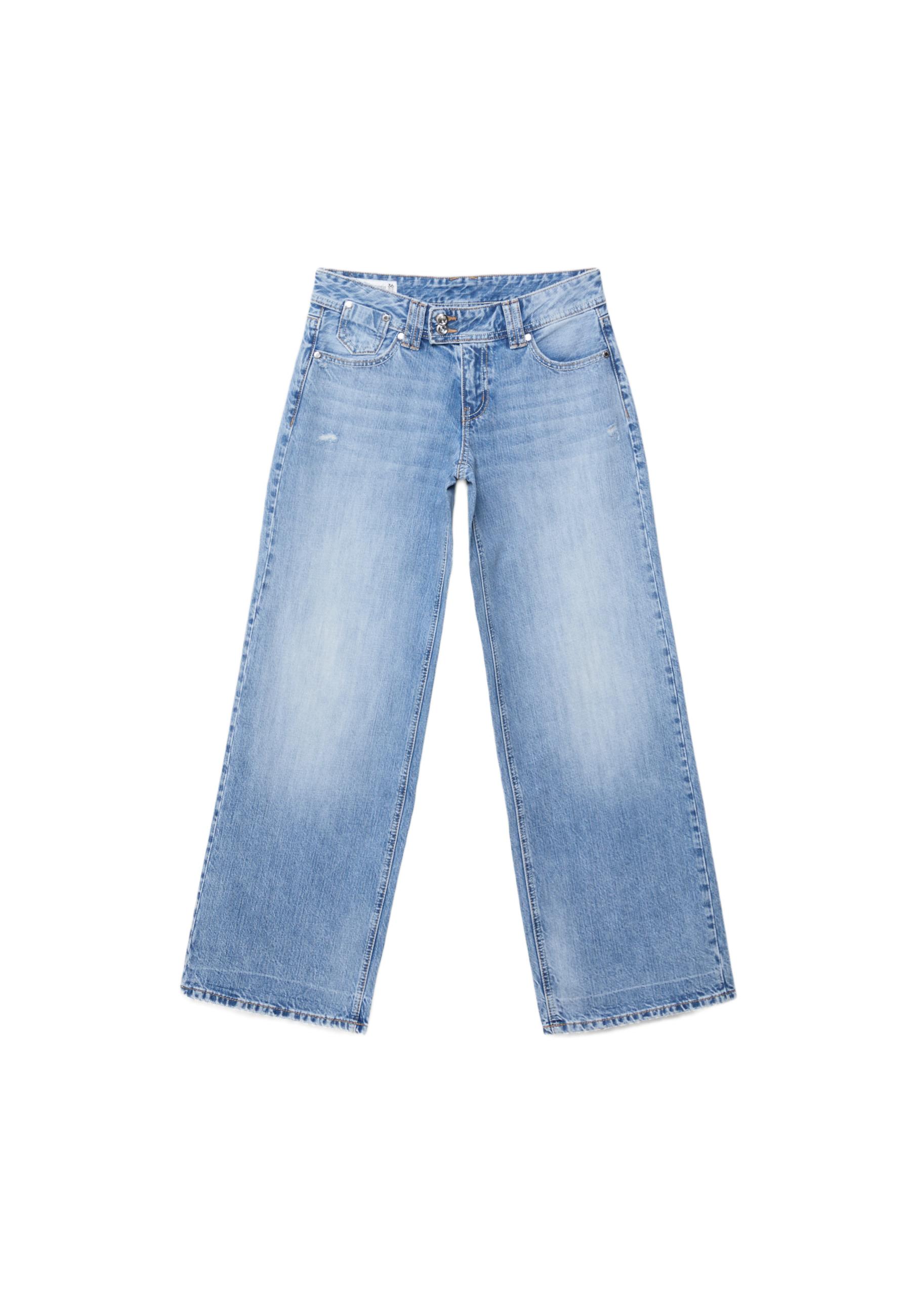 Low-rise wide-leg jeans with jewel button — MEDIUM LIGHT BLUE DENIM