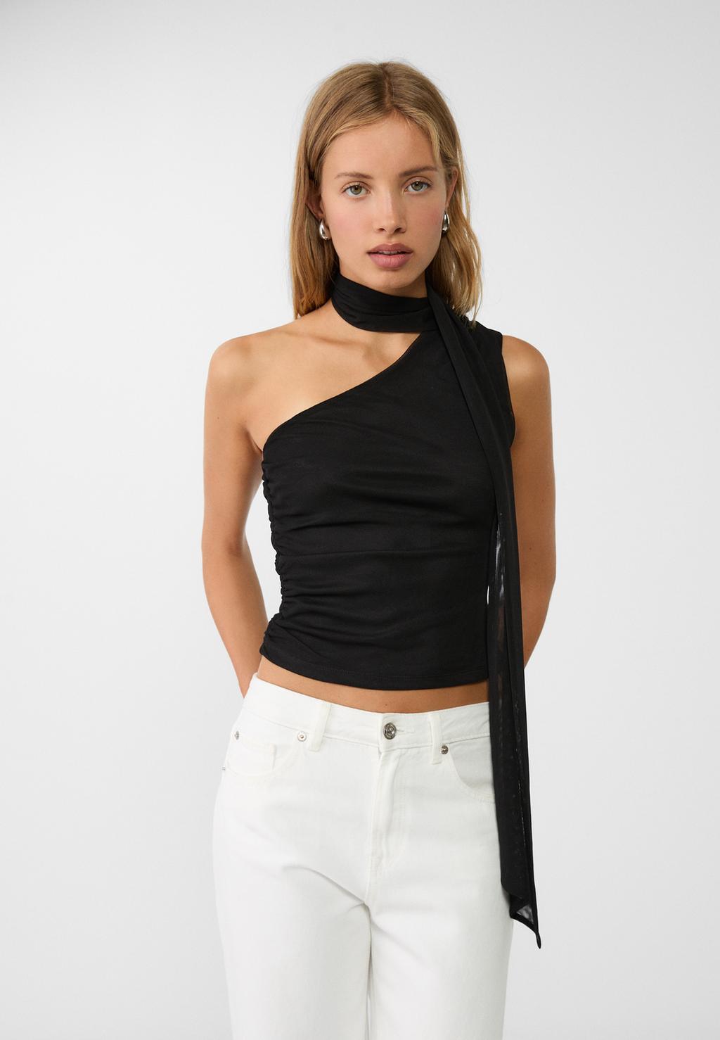 Asymmetric tulle top with scarf