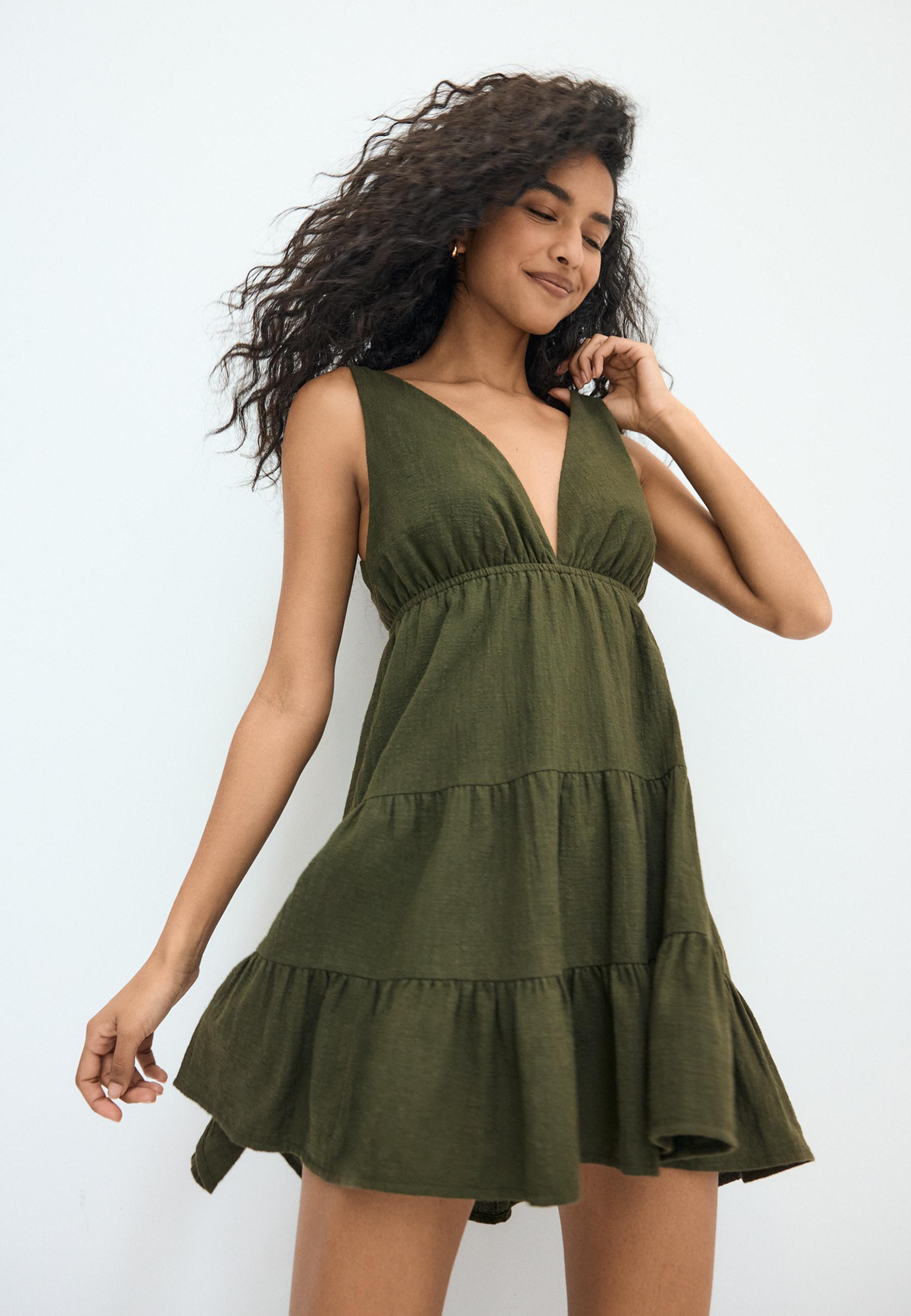 V-neck short dress — Khaki