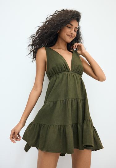 V-neck short dress — Khaki 1