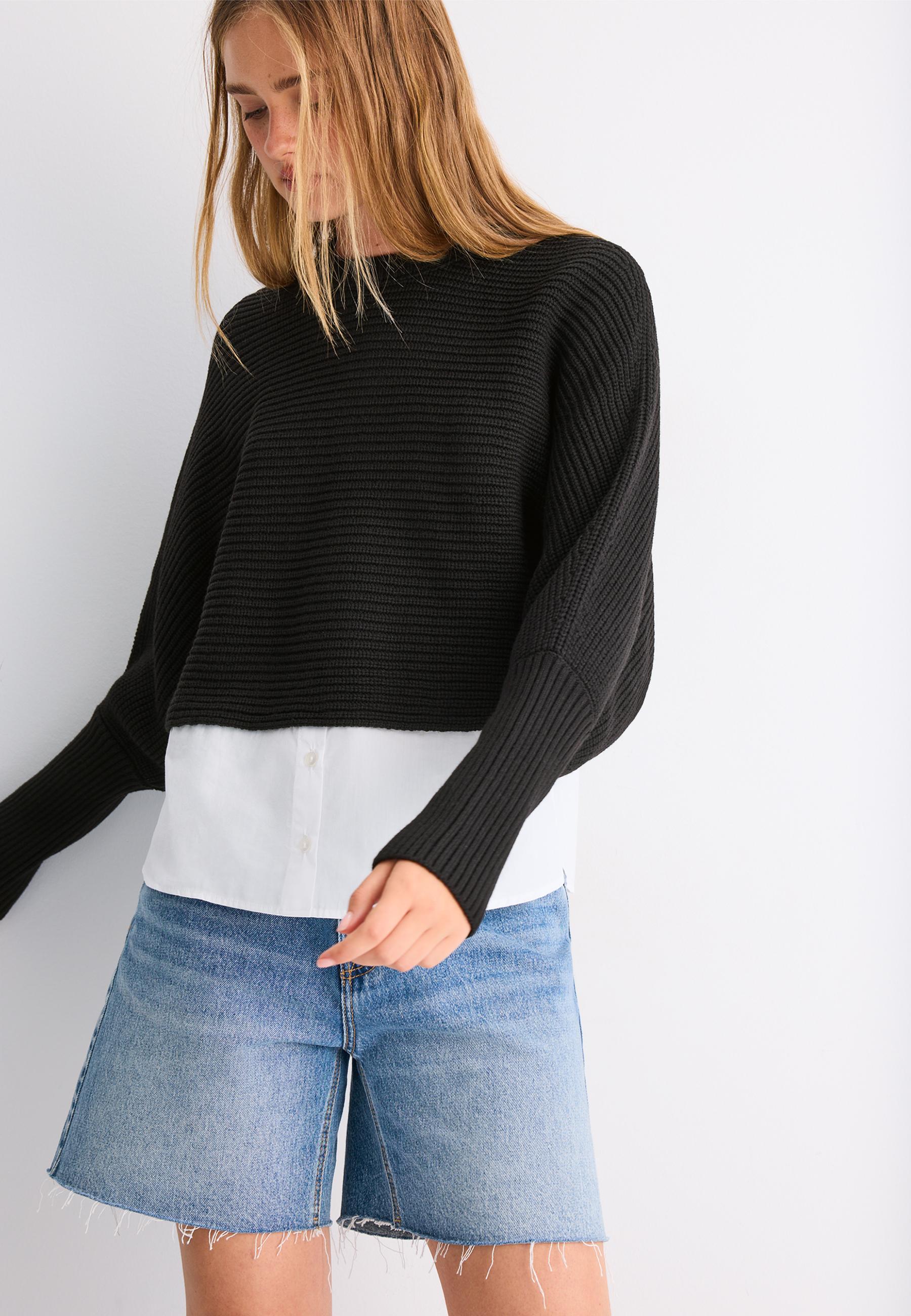 Mixed-fabric batwing knit jumper — Black