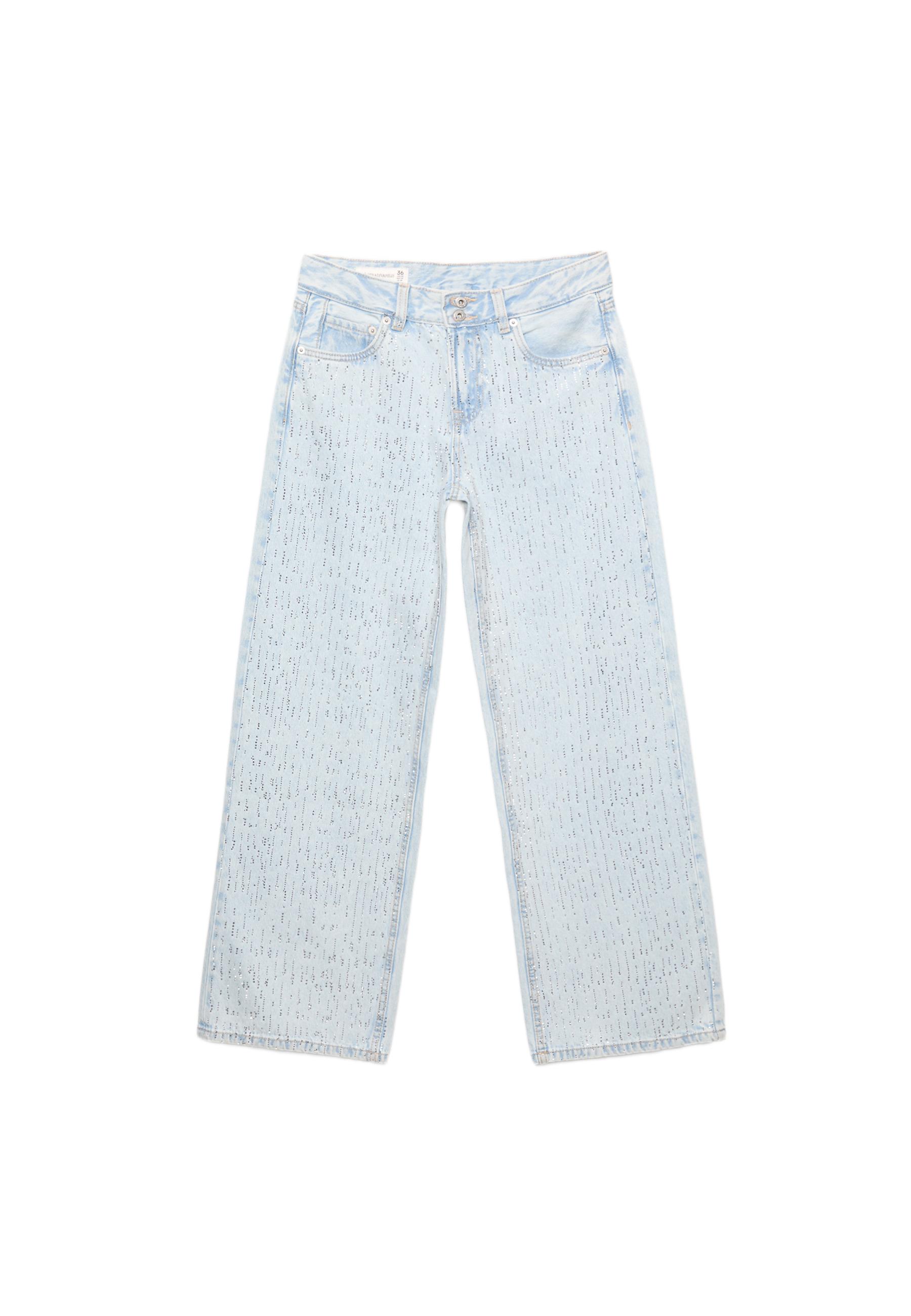 Low-waist wide-leg jeans with rhinestones — MEDIUM LIGHT BLUE DENIM