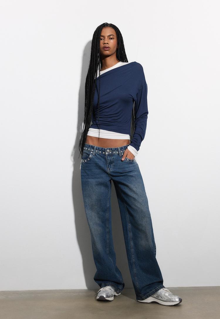 Stradivarius Μπλούζα Με Ασύμμετρο Ντεκολτέ Navy Blue L