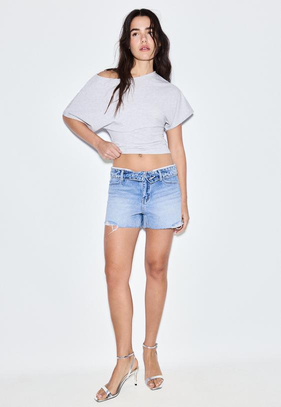 Stradivarius Denim Shorts With Turn-Up Waist Overdyed Blue Denim 14