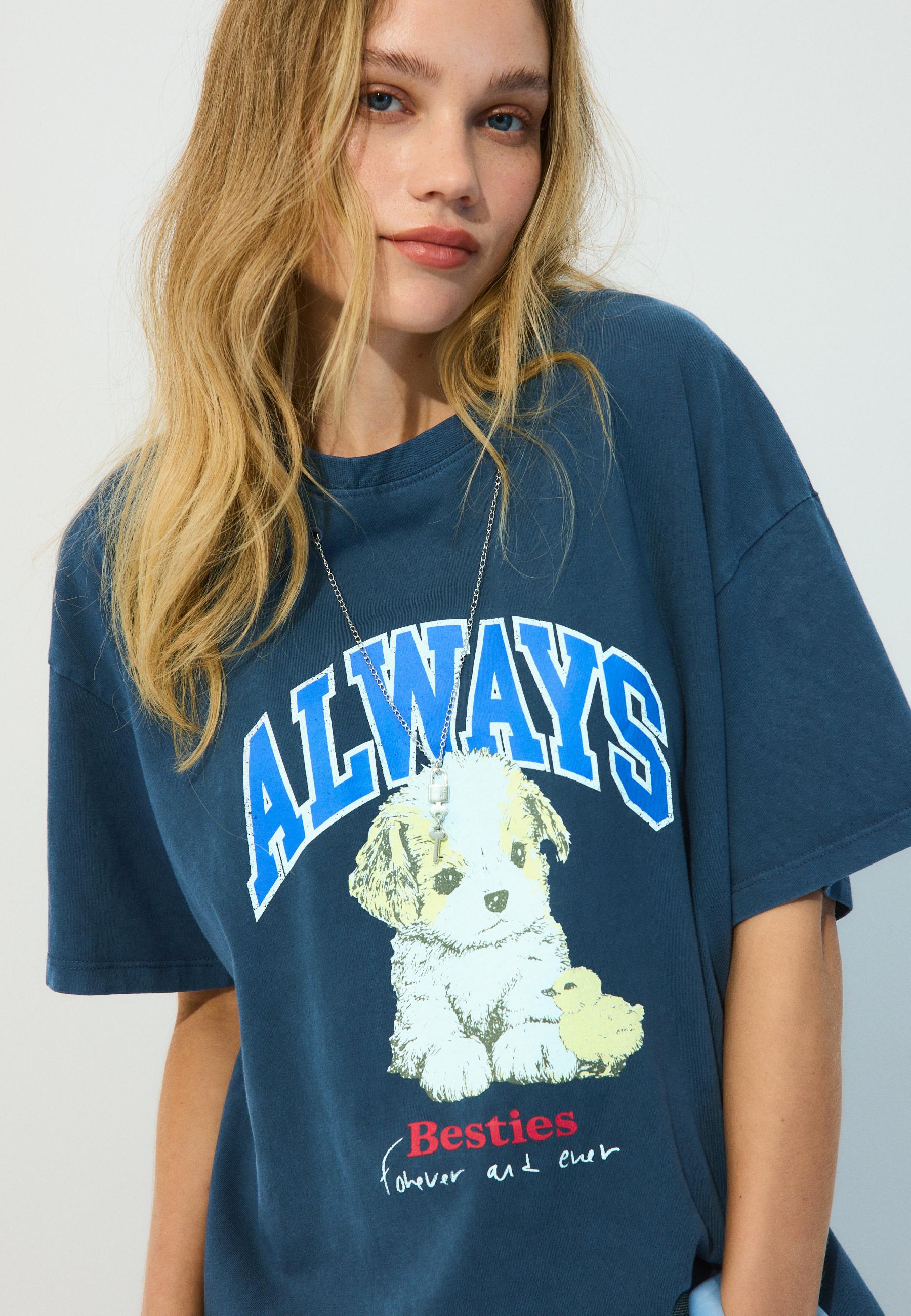 Short sleeve T-shirt with graphic and appliqué — Navy blue