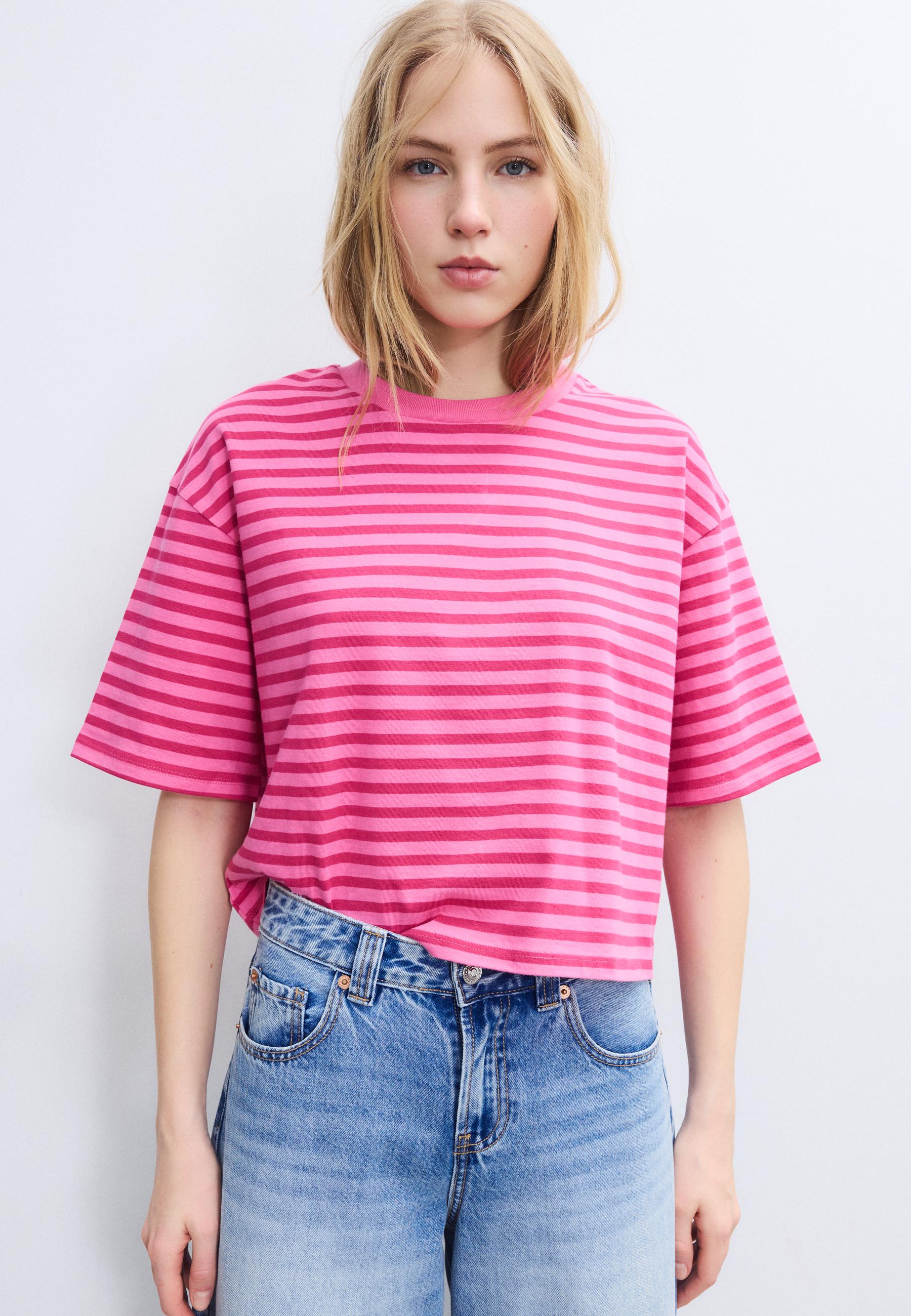Striped short sleeve T-shirt — Bubblegum pink