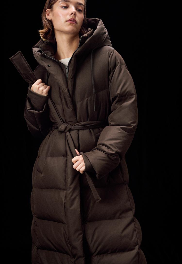 Belted puffer coat — Brown