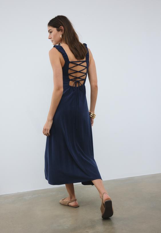 Stradivarius Linen-Look Cross-Back Midi Dress Navy Blue Xs