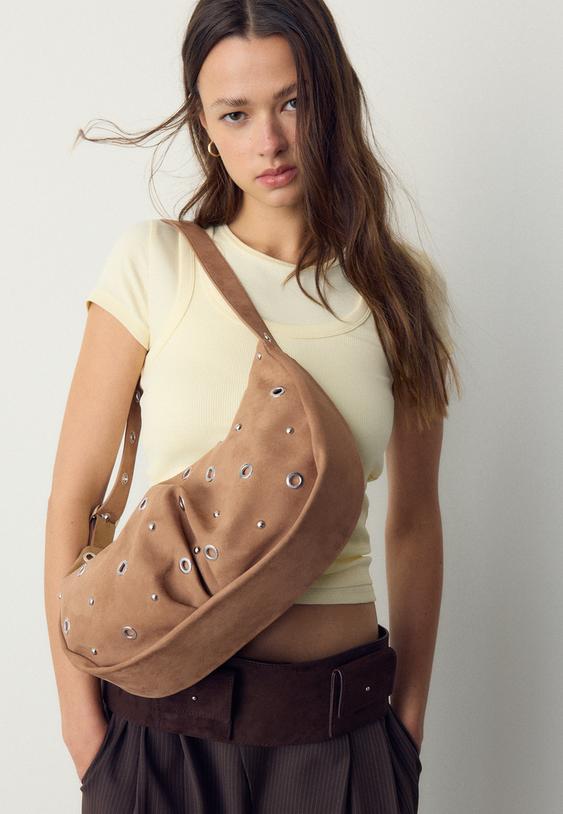 Stradivarius Shoulder Bag With Pleats And Eyelets Caramel Os
