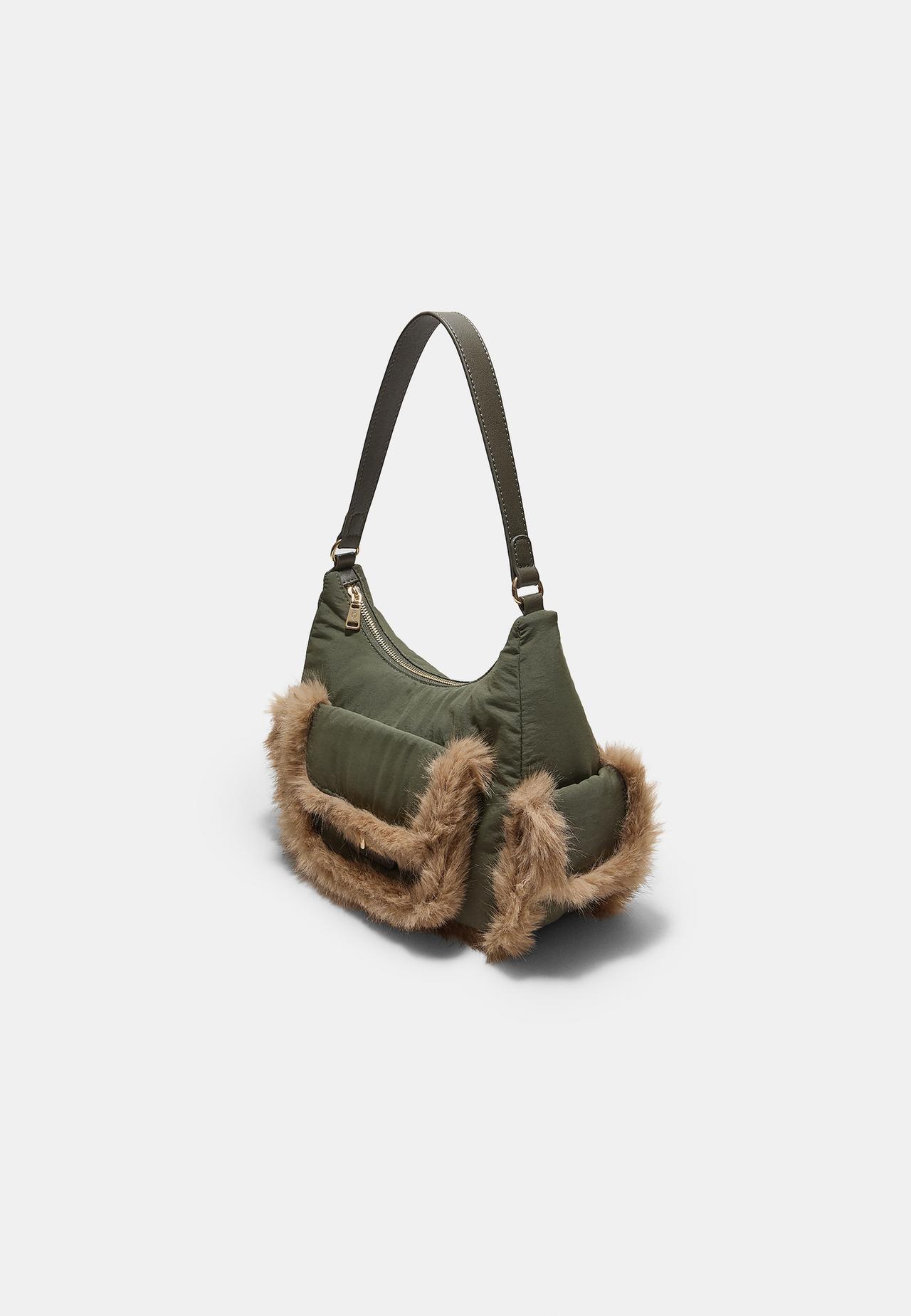 Faux fur pocket shoulder bag — Khaki