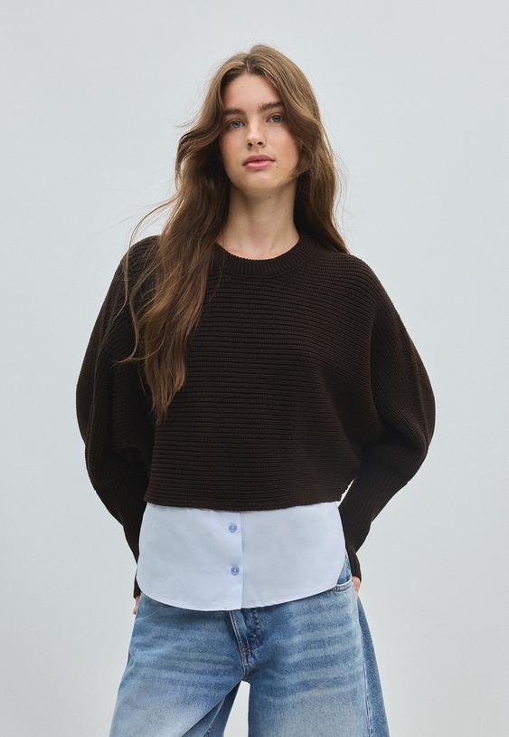camisola de malha bimaterial com manga morcego