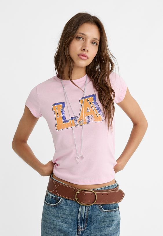 Stradivarius T-Shirt Mit La-Aufdruck Kaugummirosa S