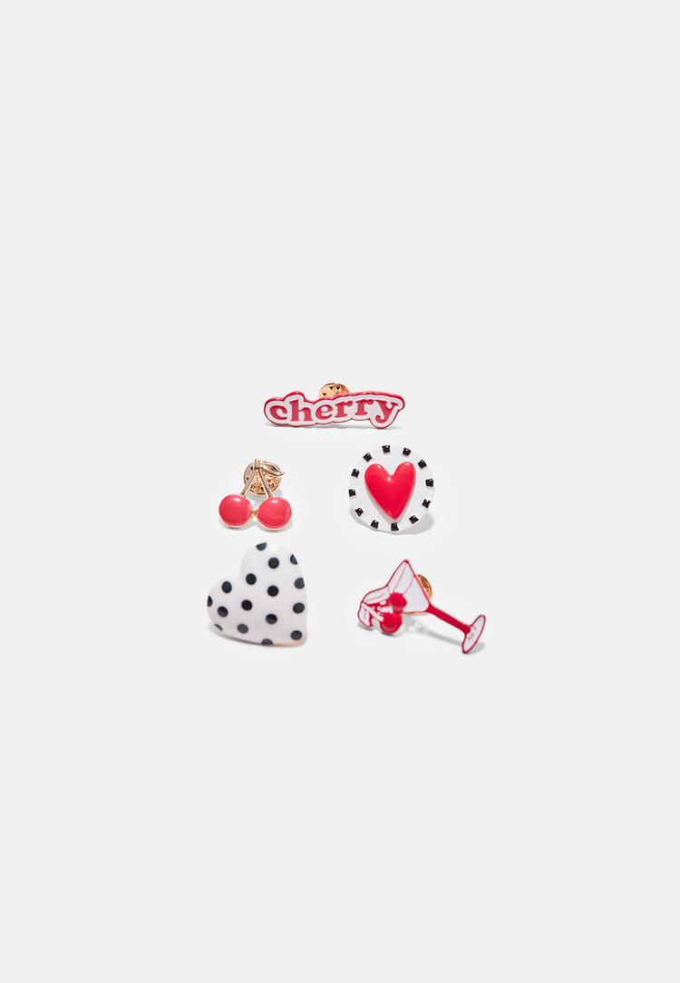 set 5 pins corazon y cereza