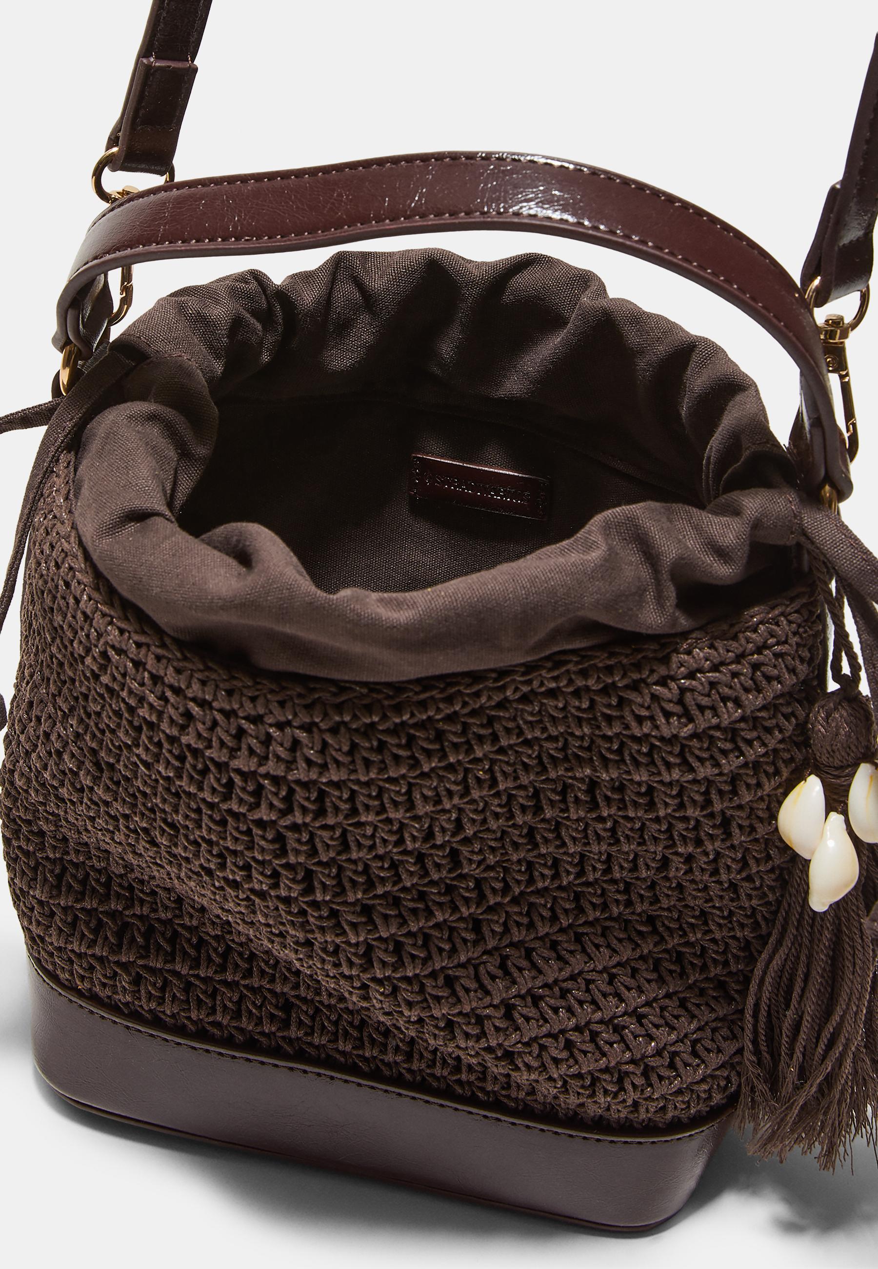 Combined crochet bucket bag — Brown