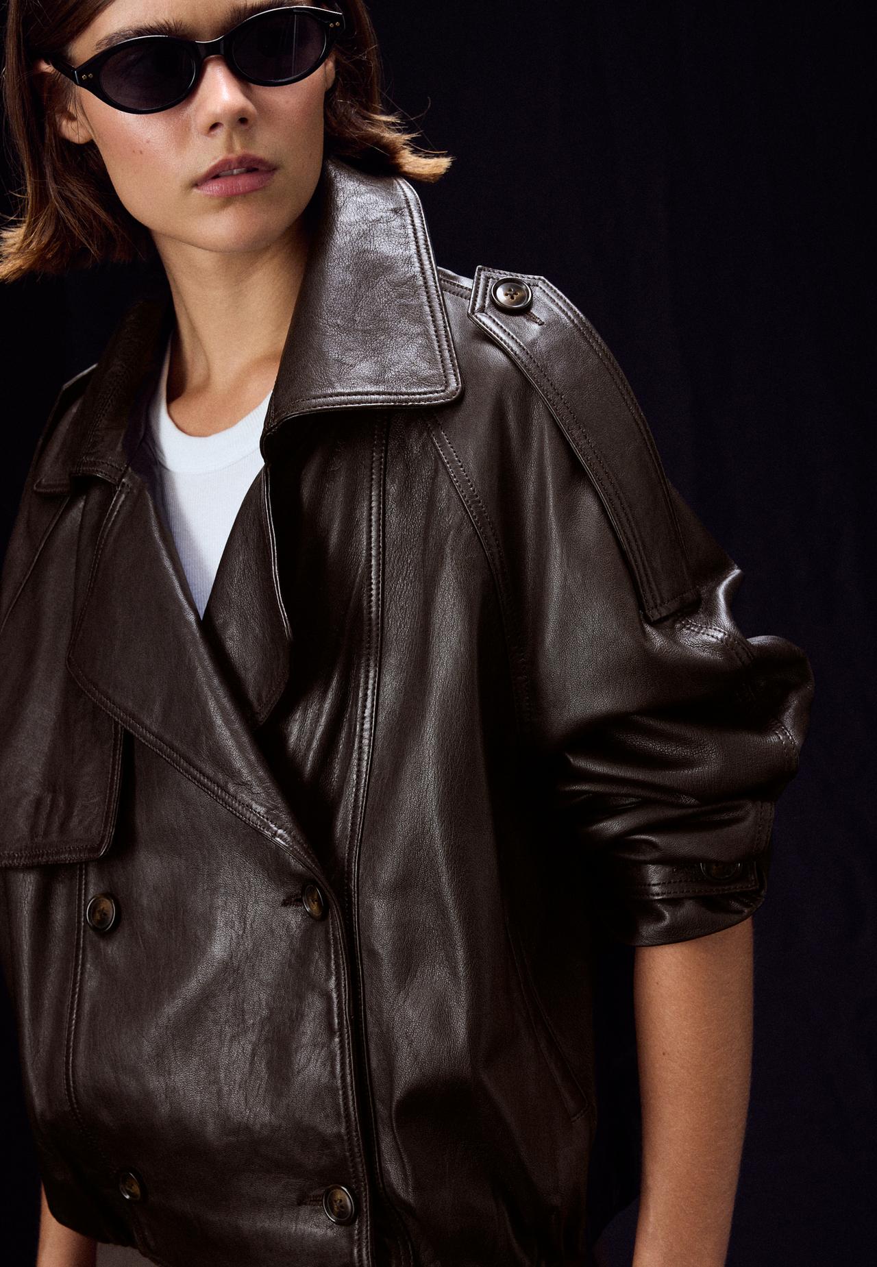 100% leather oversize trench coat — Brown
