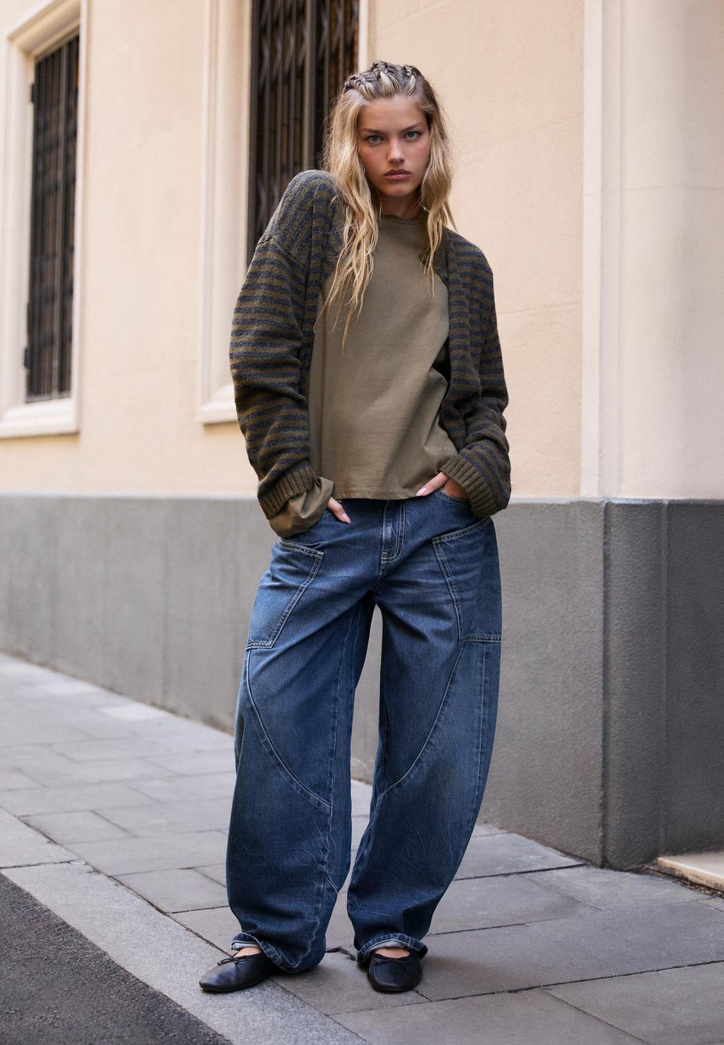 Barrel-Jeans Med Låg Midja Och Fickor