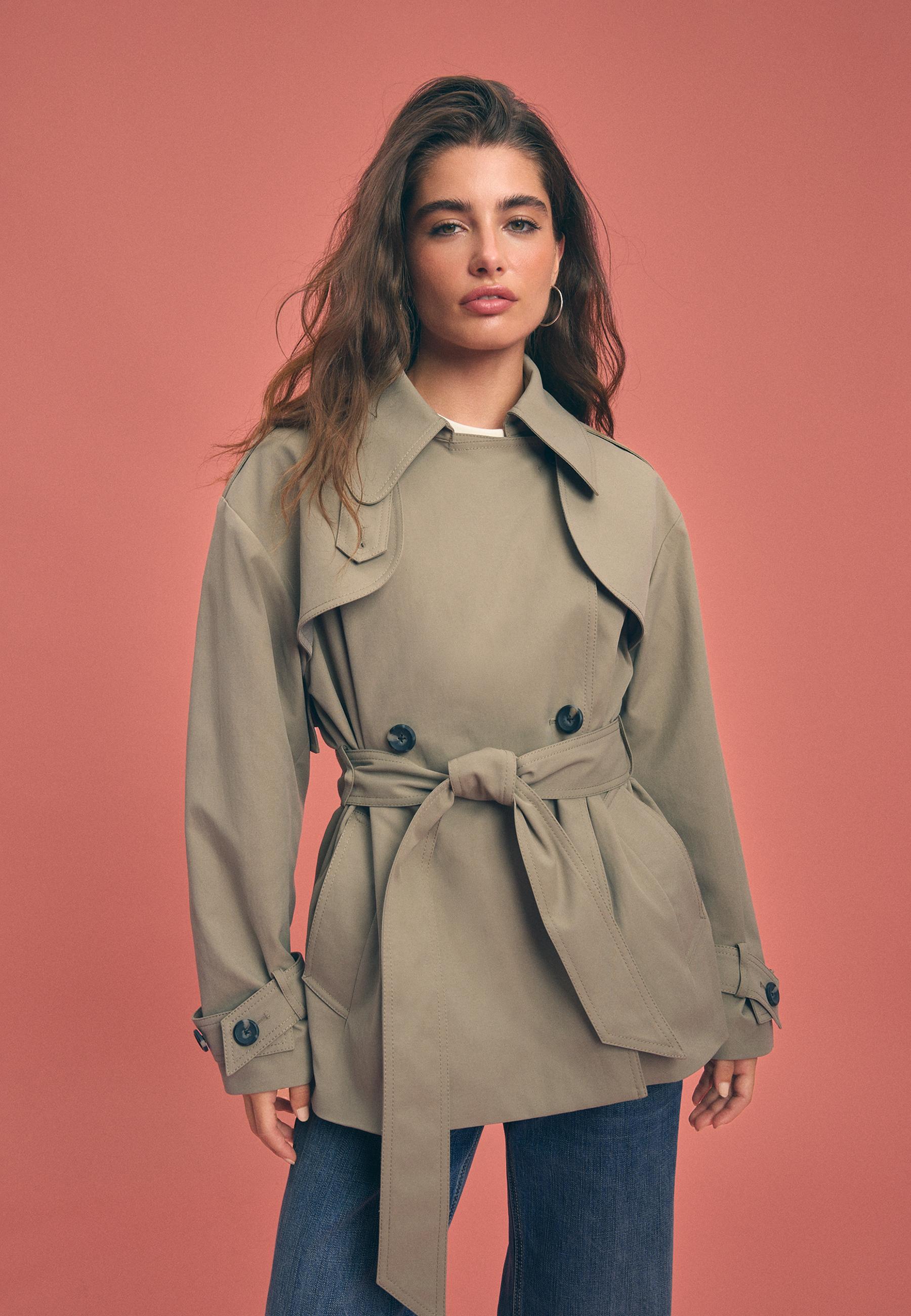 High-neck regular trench coat — Beige