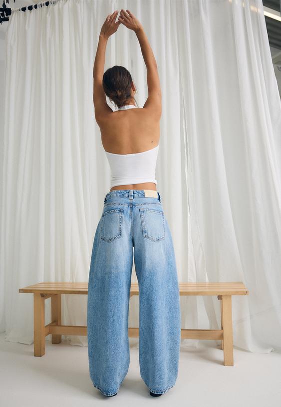 Stradivarius D80 Barrel-Fit-Jeans Mittelblauer Denim-Washed-Look 42