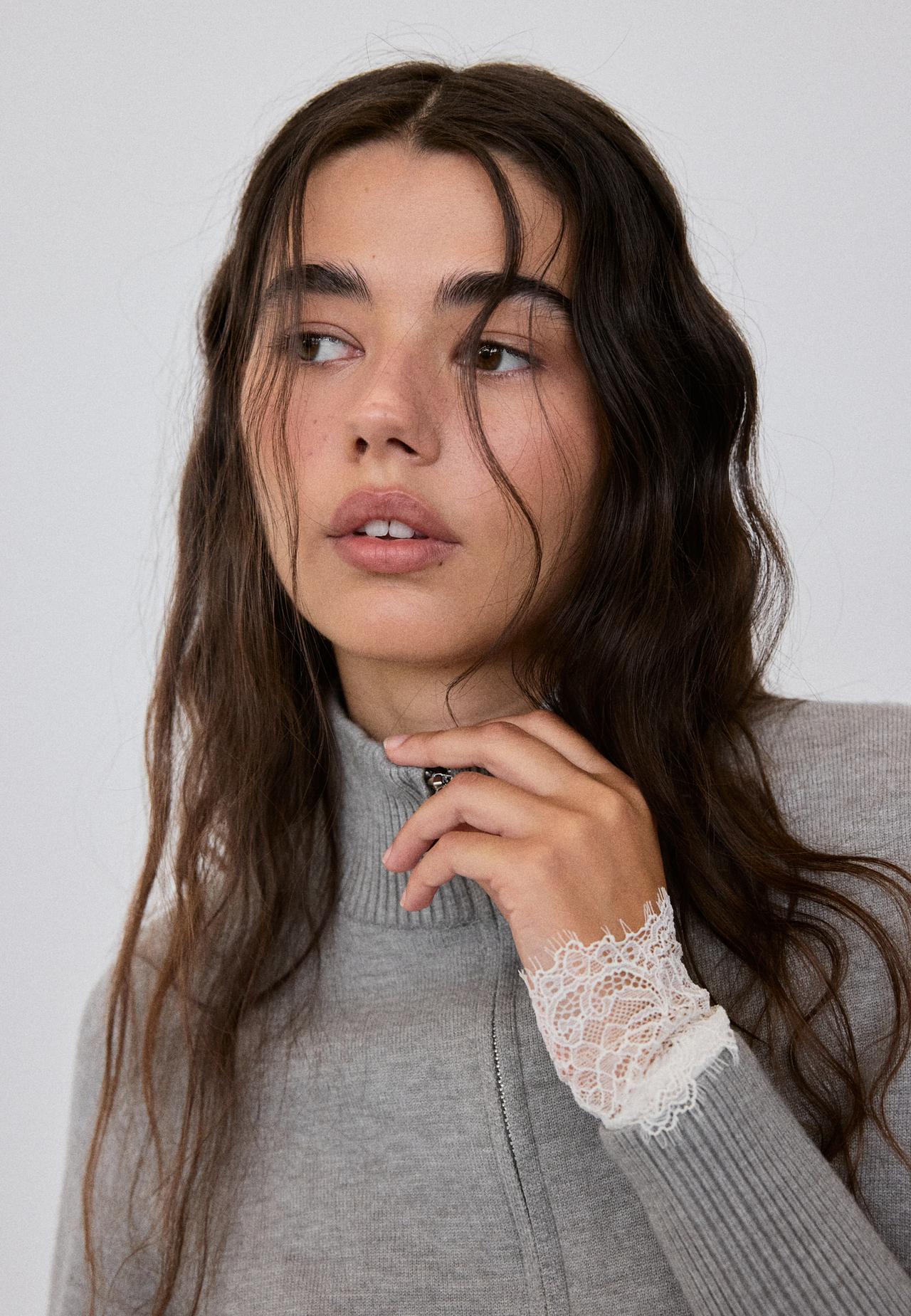 Fitted zip-up knit cardigan — Grey melange