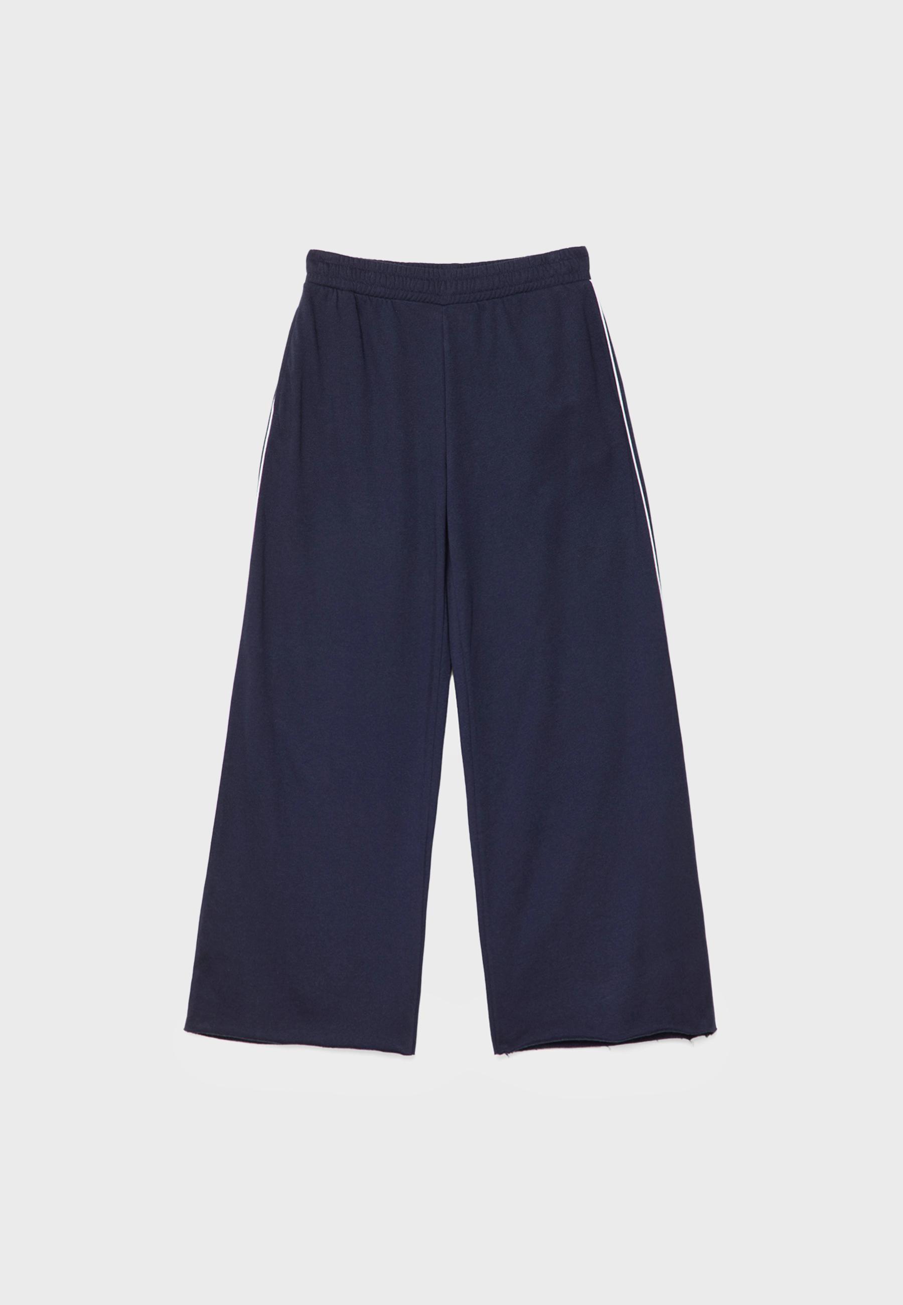 Wide-leg plush trousers with trim detail — Navy blue