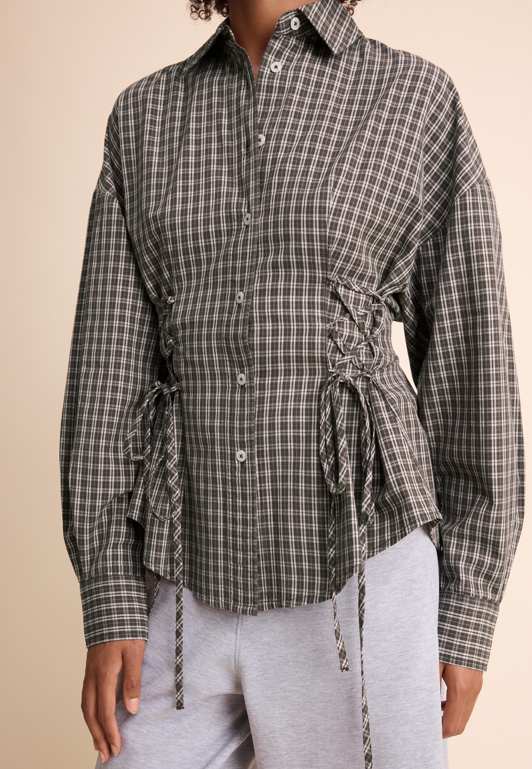 Check shirt with tie detail — Brown