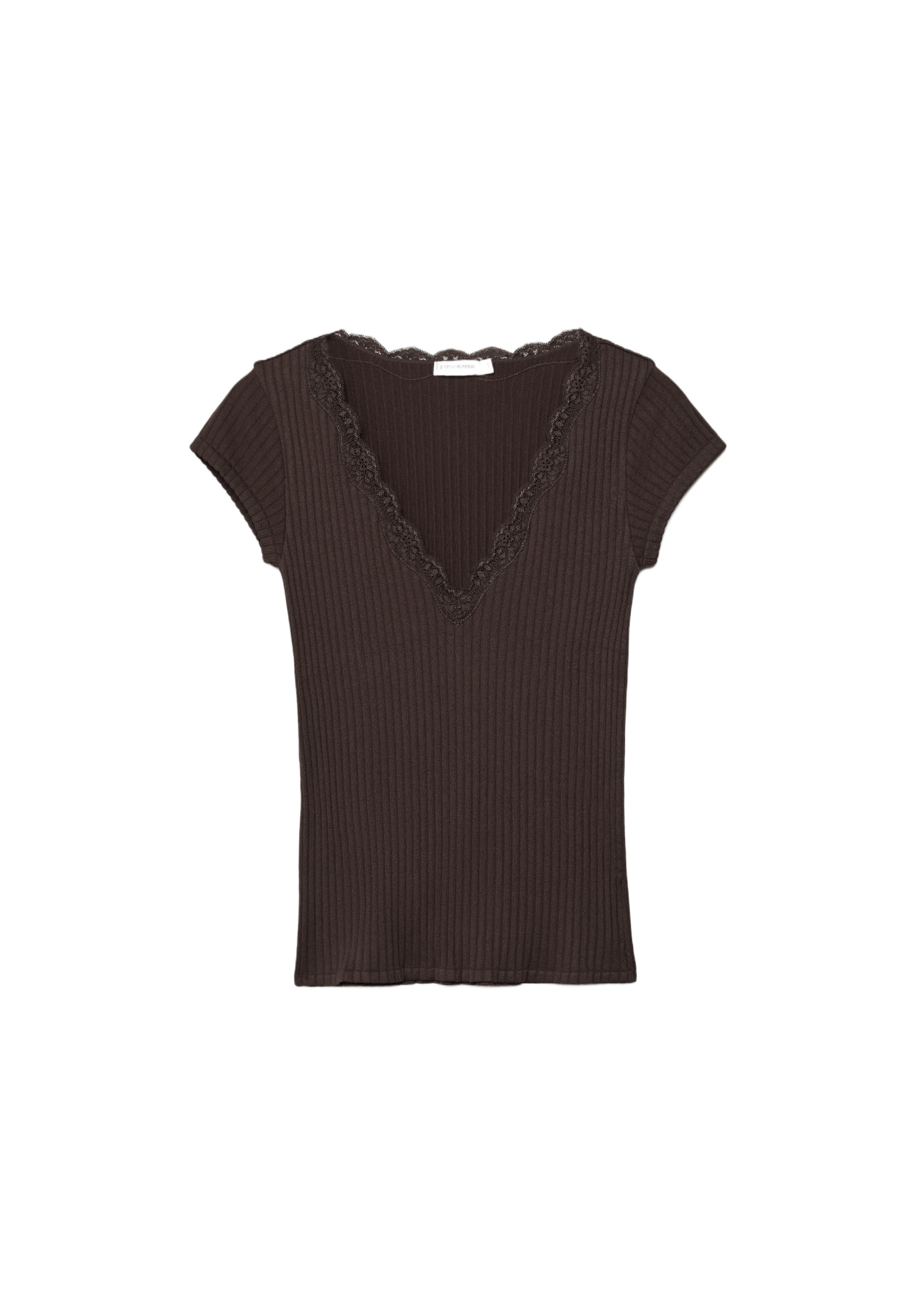 V-neck lace short sleeve T-shirt — Brown