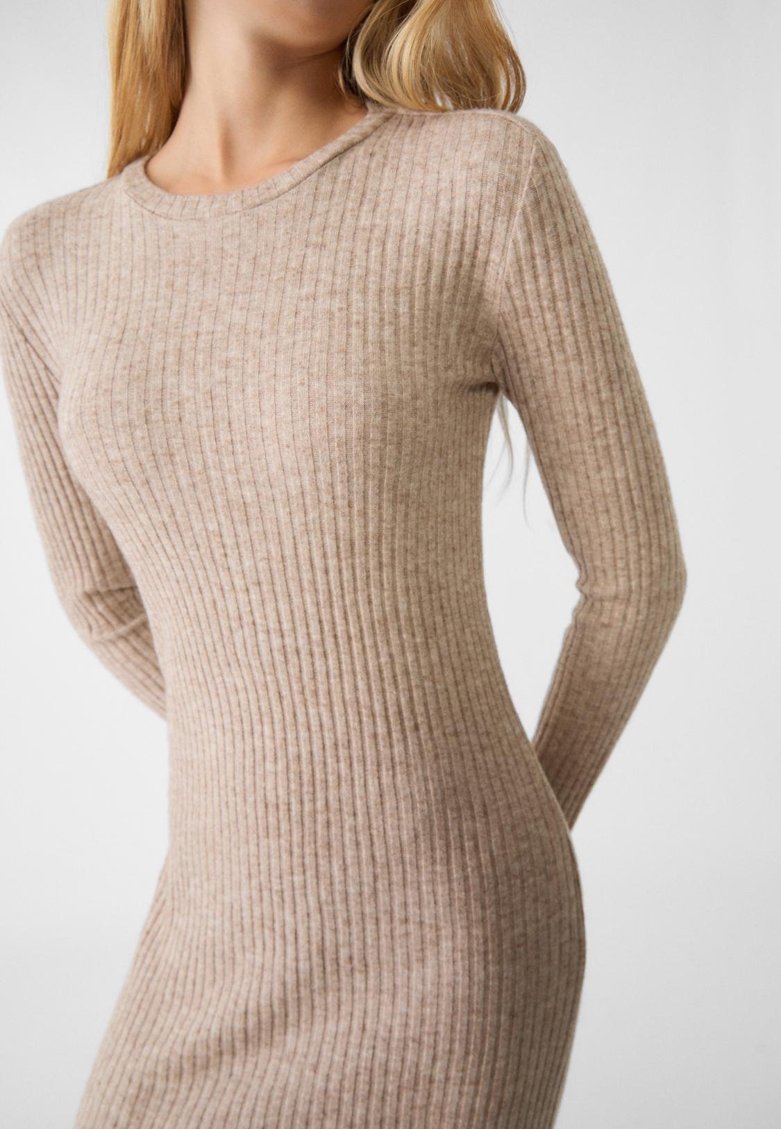 Vestido Punto Midi Beige Knit Midi Dress Women's Fashion