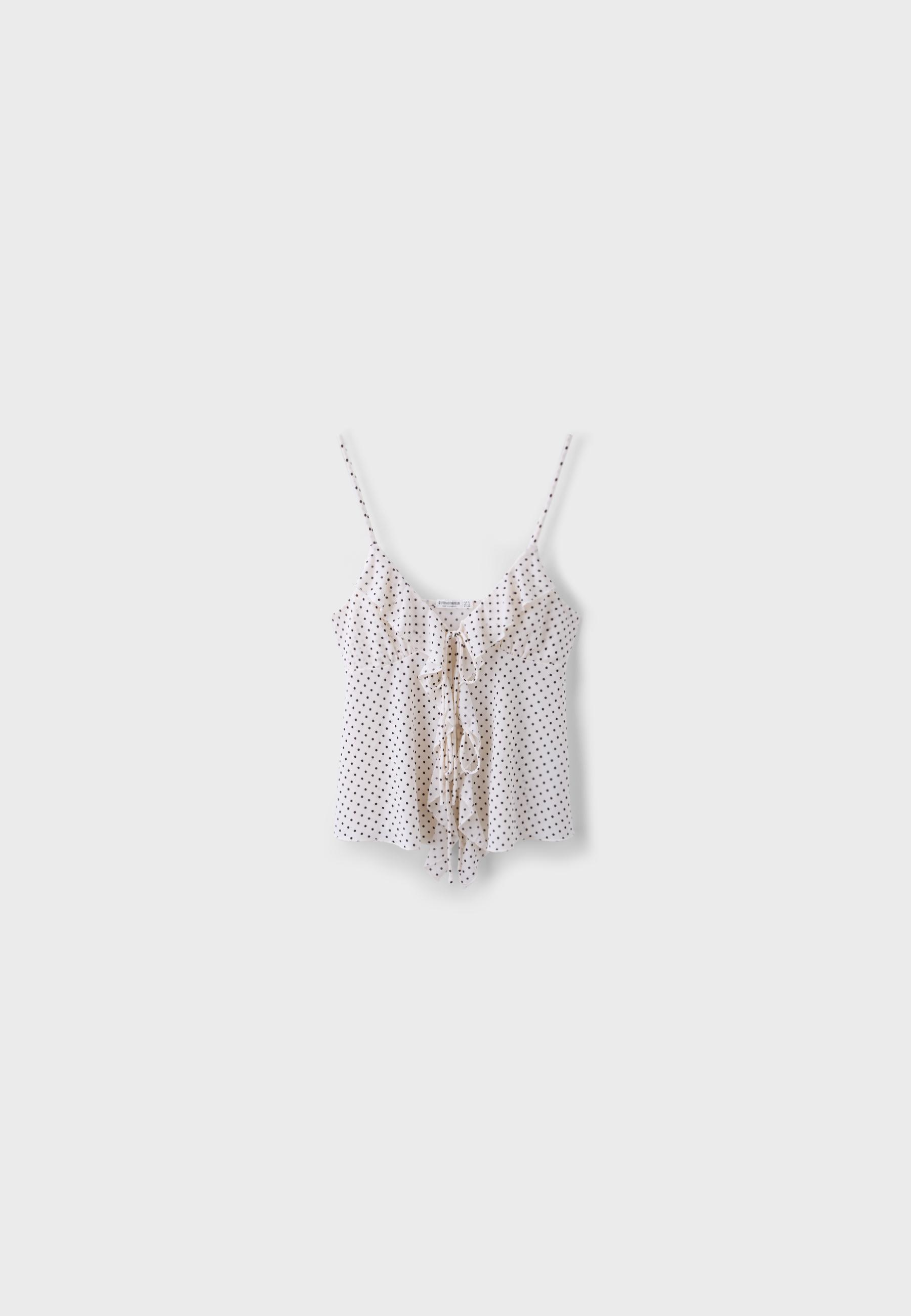 Printed ruffled top — Ecru