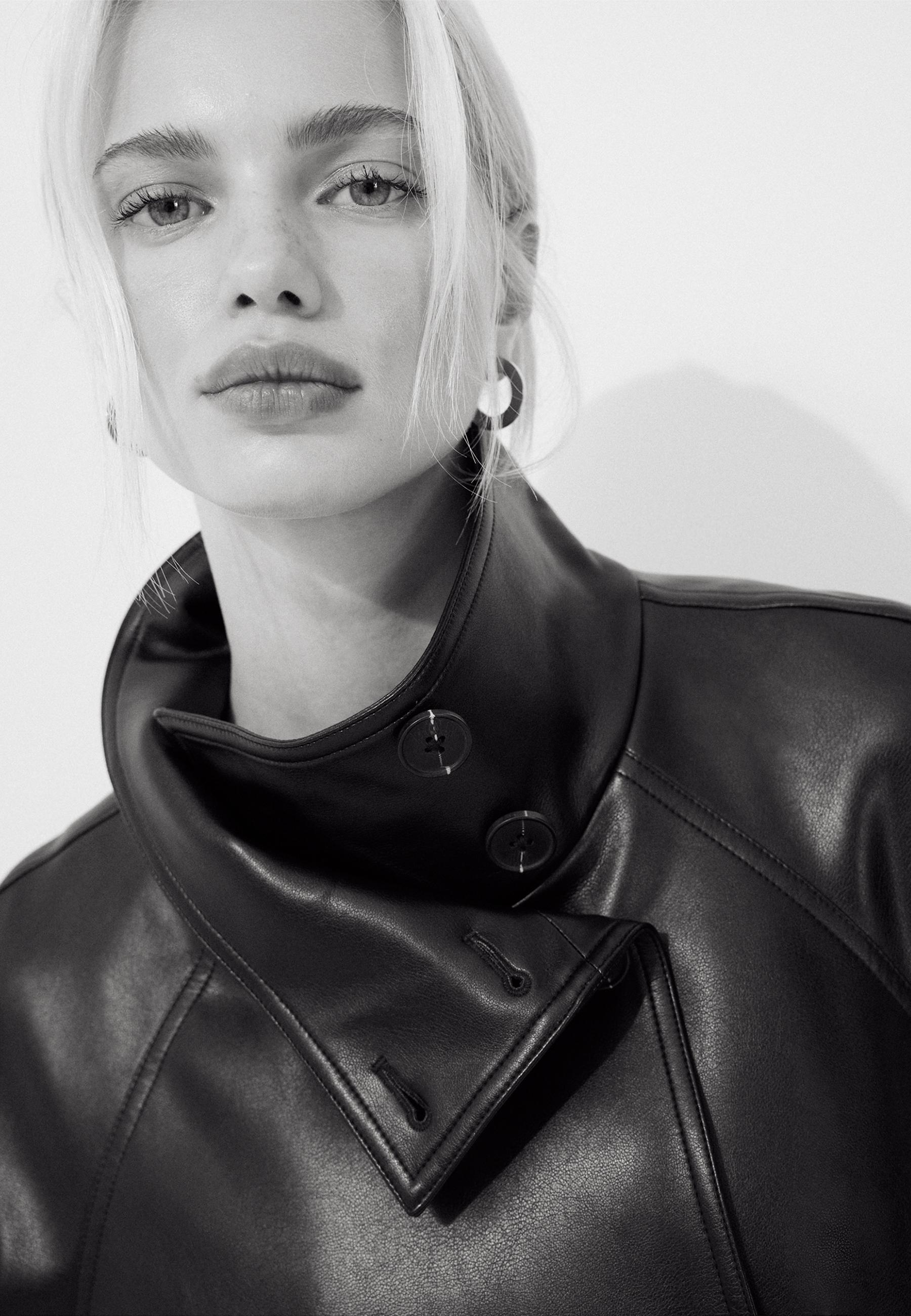 High neck leather effect trench coat — Black
