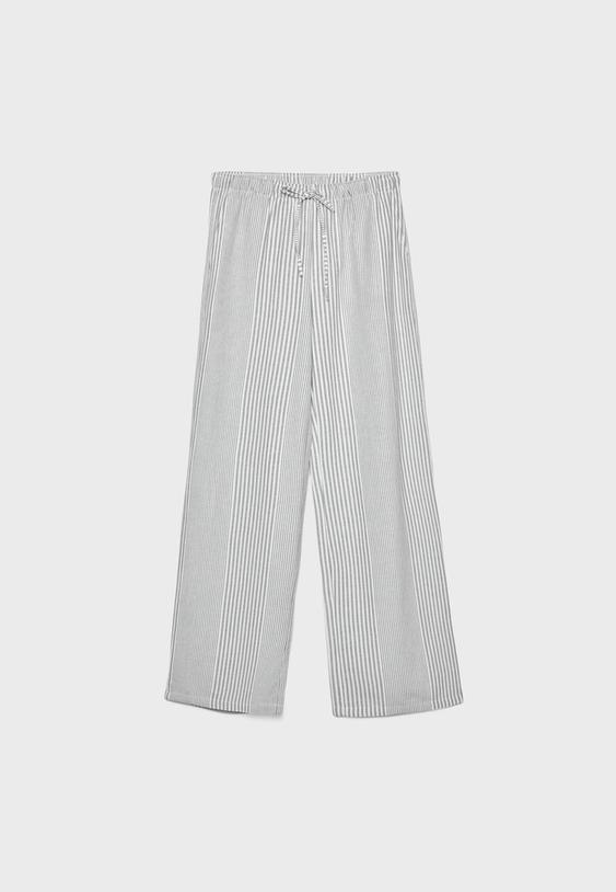 Dökümlü çizgili keten karışımlı pantolon_6
