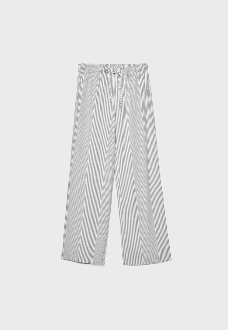 Dökümlü çizgili keten karışımlı pantolon_6