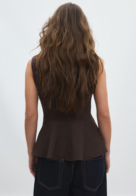 Stradivarius Sleeveless High-Neck Peplum Top Brown M