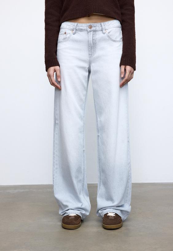 Stradivarius D91 Low Wide-Leg Jeans Light Grey Denim Wash 14