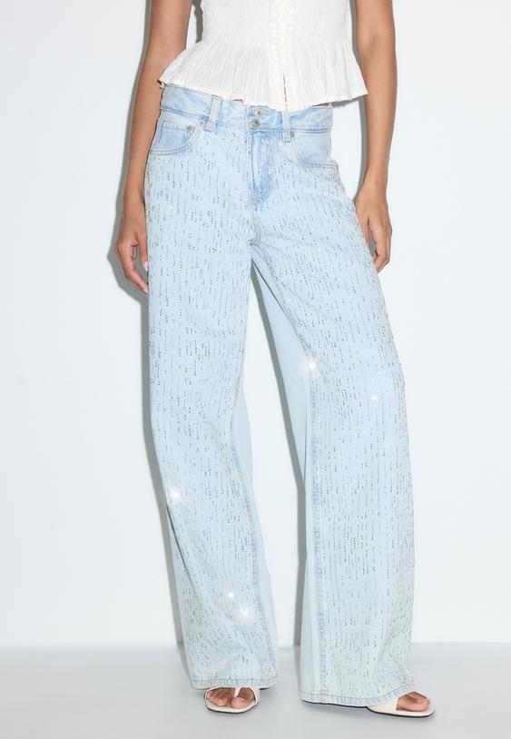 lowwaist wideleg jeans with rhinestones