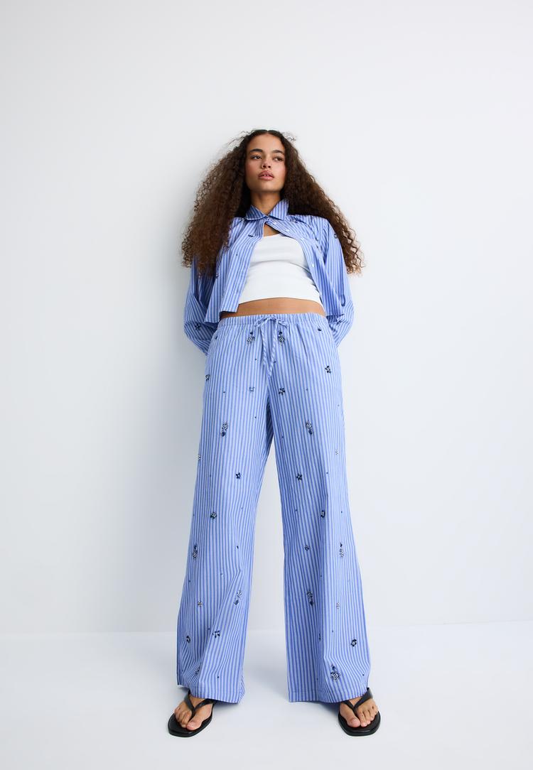 Stradivarius Κεντημένο Παντελόνι Pajama Σιέλ L