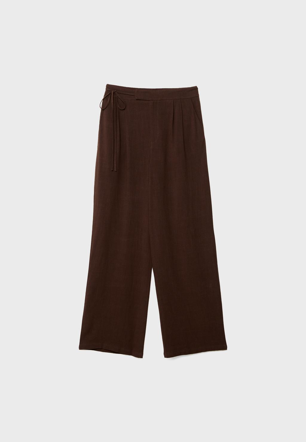 Bağcıklı dökümlü keten karışımlı pantolon