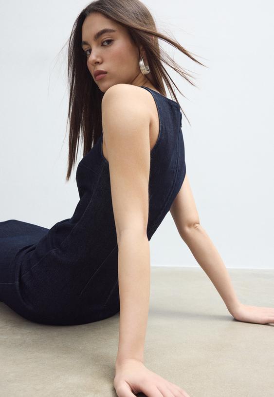 Stradivarius Denim Midi Dress Overdyed Blue Denim Xs