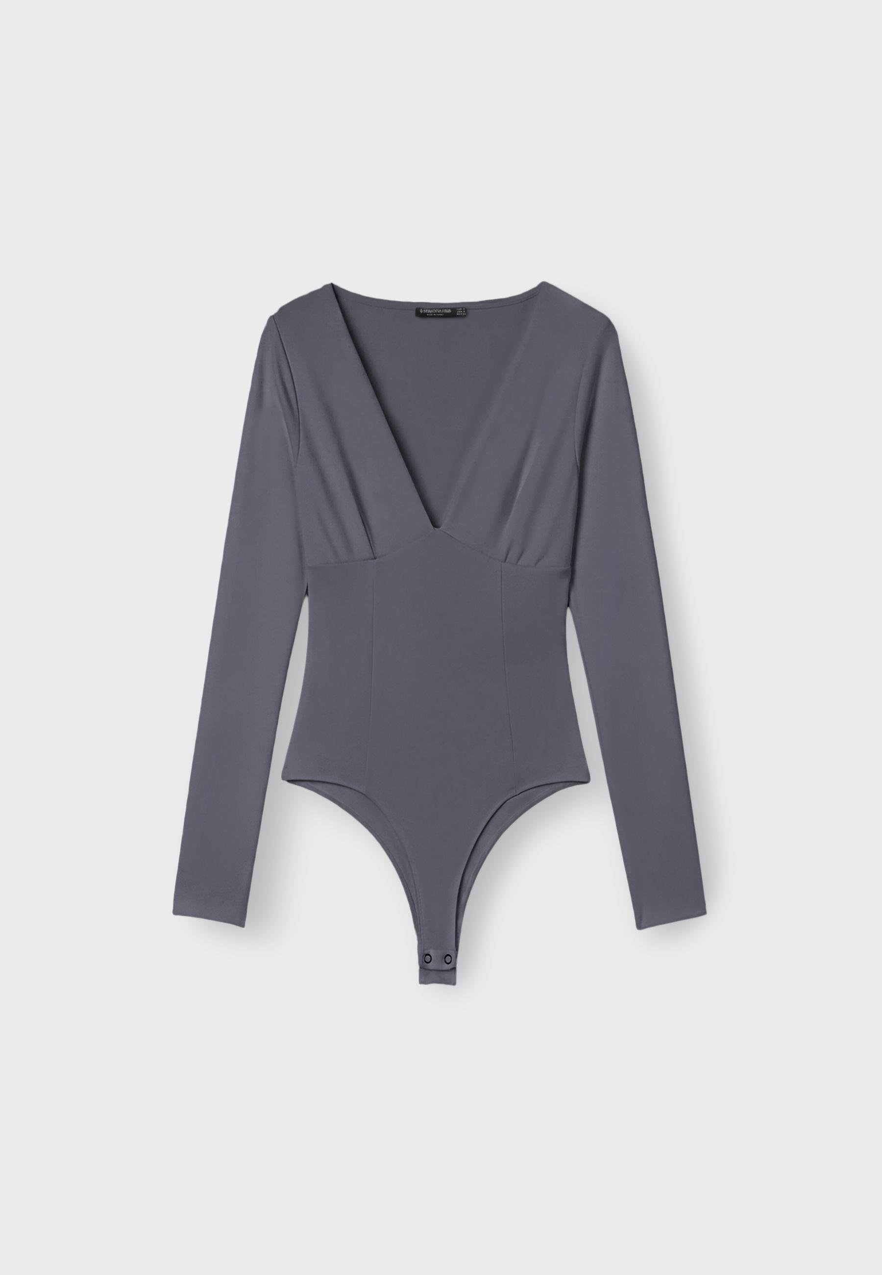 V-neck bodysuit with under-bust gathering — Dark grey