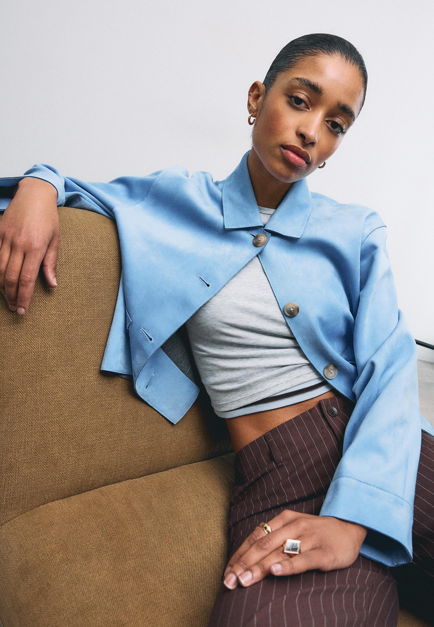 Faux suede jacket with pockets — Sky blue
