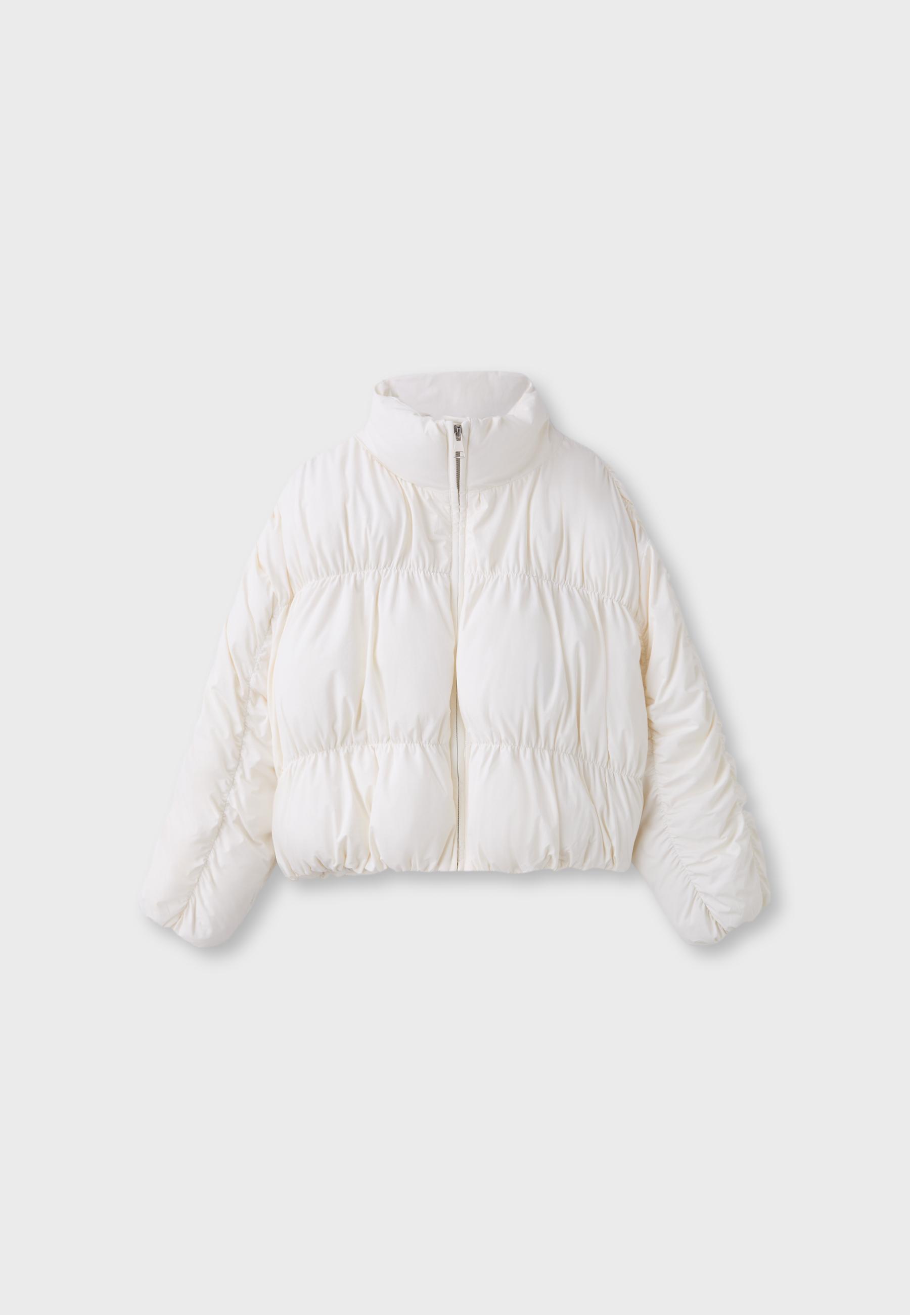 Padded jacket with high neck and gathered detail — Ecru