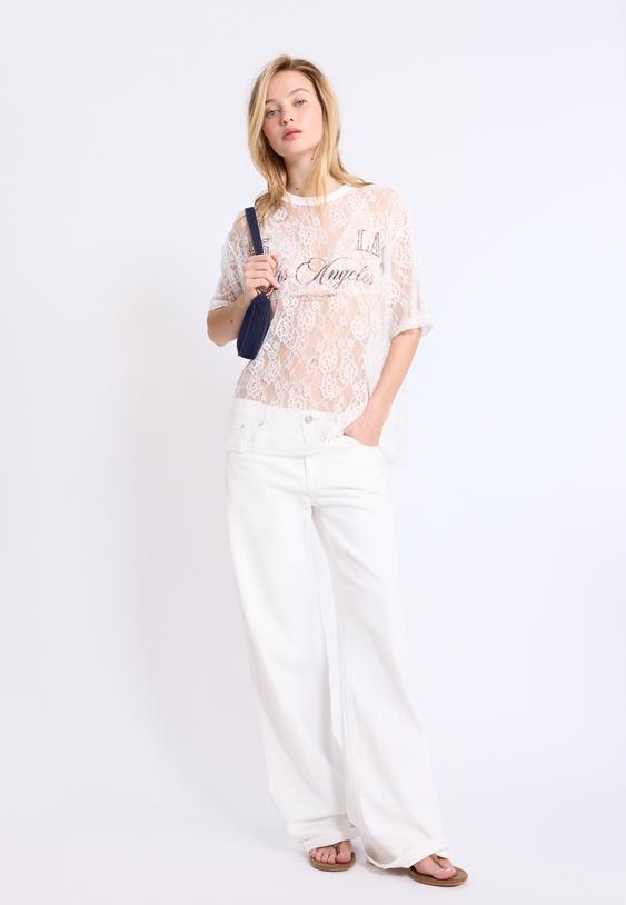 Stradivarius Oversize Lace T-Shirt With Graphic Detail Ecru M