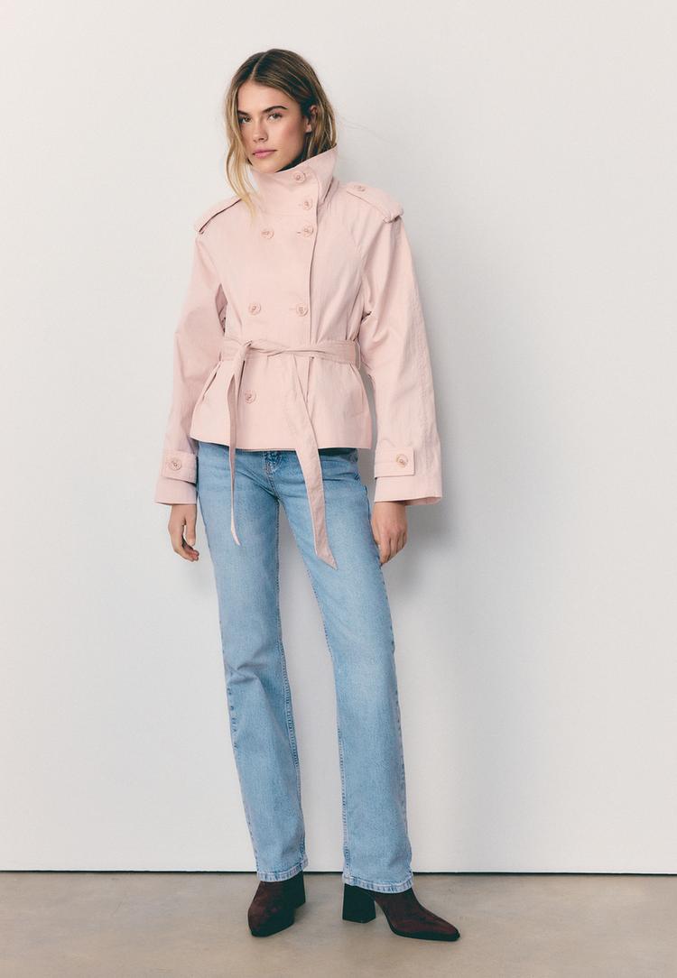 Stradivarius Trench Με Όρθιο Γιακά Και Ζώνη Σομόν S