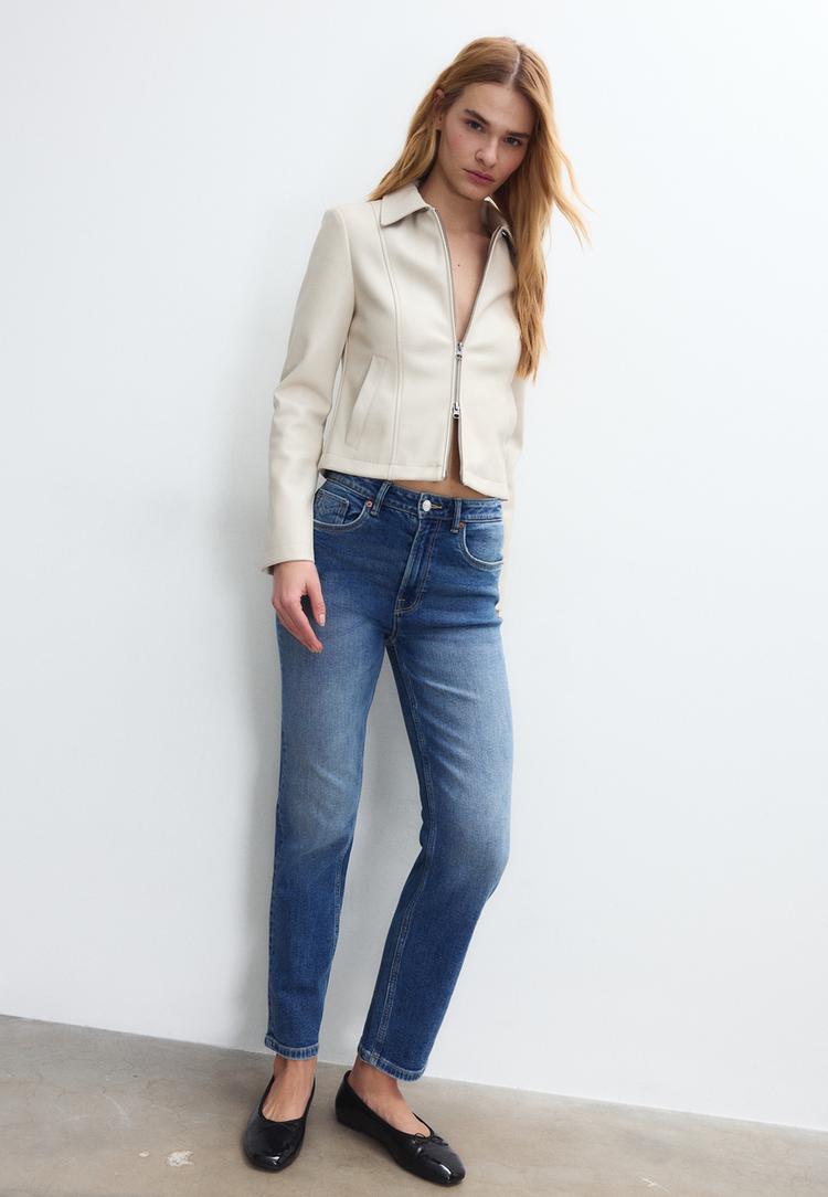 Stradivarius D14 Blugi Comfort Slim Efect Prespălat Denim Albastru Mediu Deschis 42