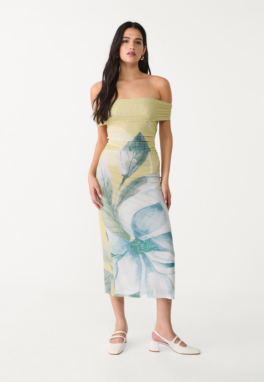 Printed Bardot midi dress