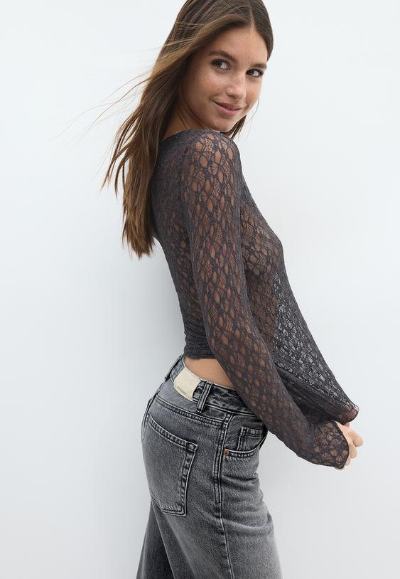 Stradivarius T-Shirt Van Kant Met Lange Mouwen Donkergrijs Xs